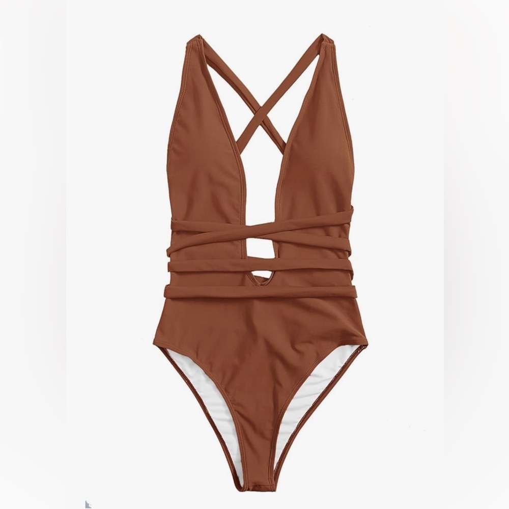 Brown Strappy One-Piece Swimsuit